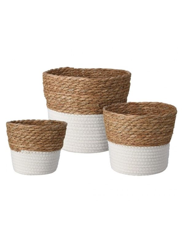 Paniers en osier naturel & coton blanc - Set de 3