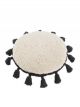 Coussin Berbère Rond en Coton Blanc avec Pompons Noirs - 48 cm