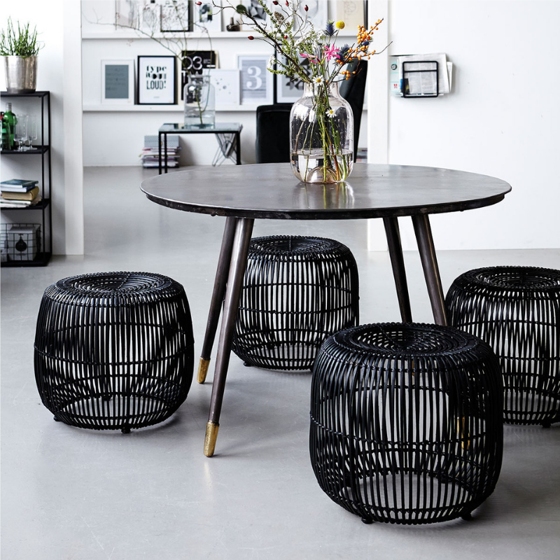 Tabouret Noir Rotin Et Metal Decoration Nordique Decoration